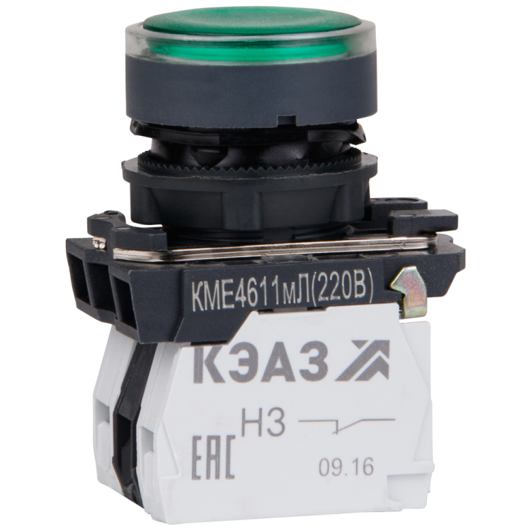 Кнопка КМЕ4611мЛ-220В-зеленый-1но+1нз-цилиндр-индикатор-IP65 | 248250 | КЭАЗ