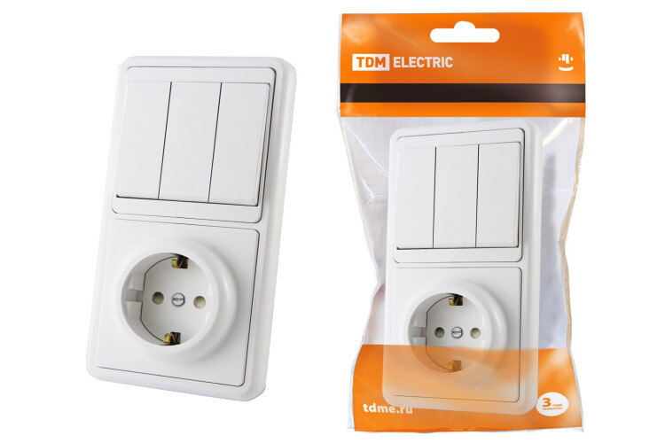 Блок комбинированный БКВР 3-х кл. выкл + розетка 2П+З с з/ш | SQ1813-0003 | TDM