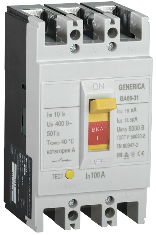 Выключатель автоматический ВА66-31 3Р 100А 18кА GENERICA | SAV10-3-0100-G | IEK