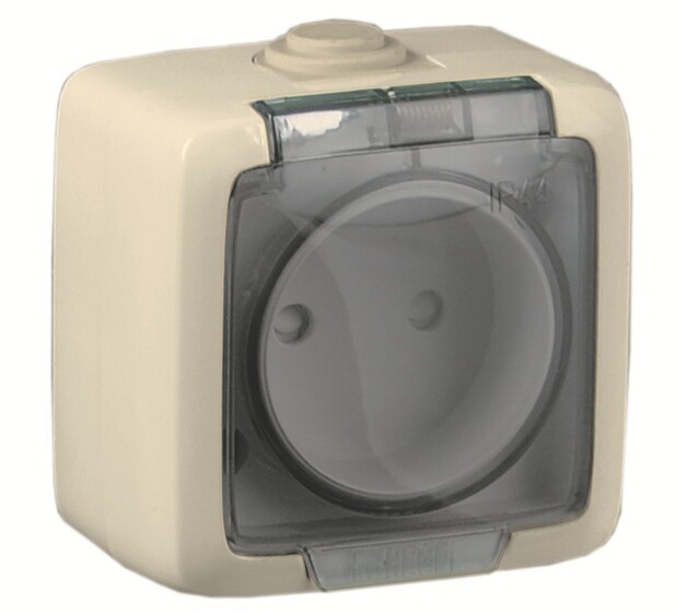 Розетка открытой установки, одноместная, со шторкой, брызгозащищенная, цвет слоновая кость | РА16-202-01 | HEGEL
