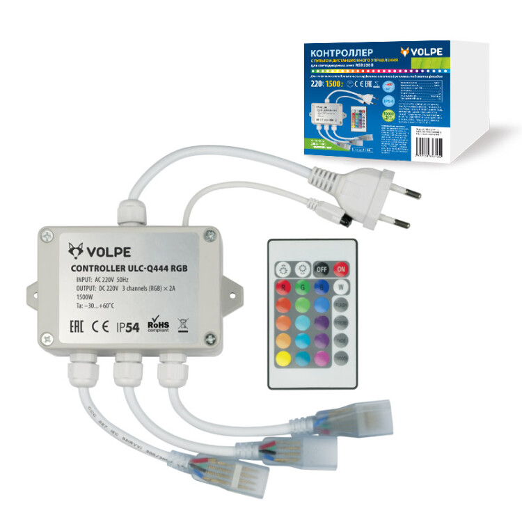 ULC-Q444 RGB WHITE Контроллер для управления LED RGB ULS-5050 лентами 220В, 3 выхода, 1440Вт, с пультом ДУ ИК. | UL-00002275 | Volpe