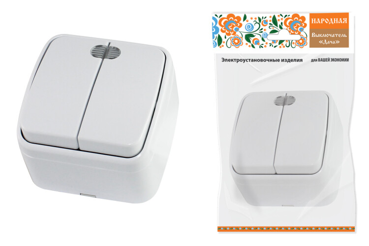 Выключатель 2-кл. открытой установки с подсветкой IP20 10А, белый "Дача" Народная | SQ1824-0004 | TDM