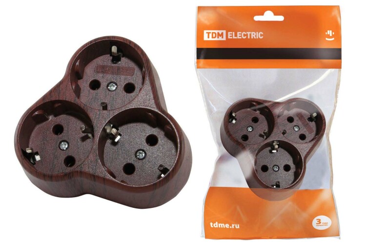 Блок на 3 гнезда 2П+З круглый 16А 250B "Эко" (бук) | SQ1806-0082 | TDM