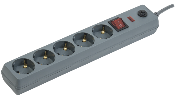 Сетевой фильтр СФ-05К-выкл. 16А 5 мест 5м 3х1мм2 серый | WFP10-16-05-05-ZK-K03 | IEK