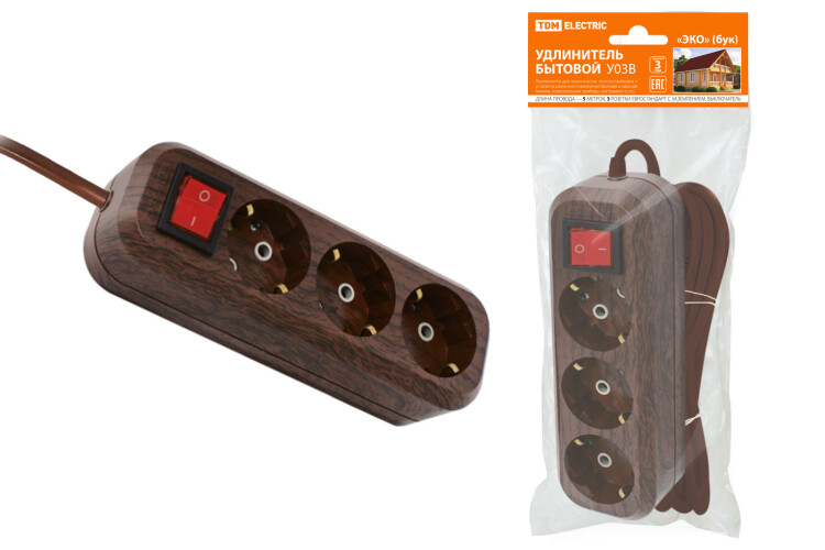 Удлинитель бытовой У03В выключатель, 3 гнезда, 5метров,2П+3, ПВС 3х1мм2 "Эко" (бук) 16А/250В | SQ1303-3102 | TDM