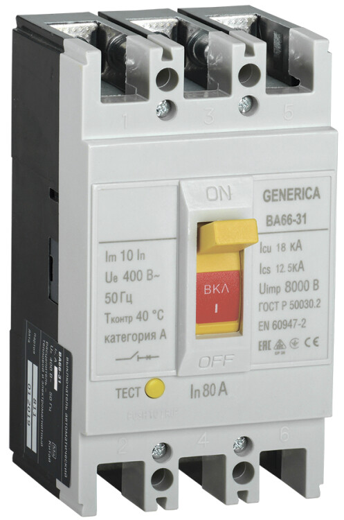 Выключатель автоматический ВА66-31 3Р 80А 18кА GENERICA | SAV10-3-0080-G | IEK