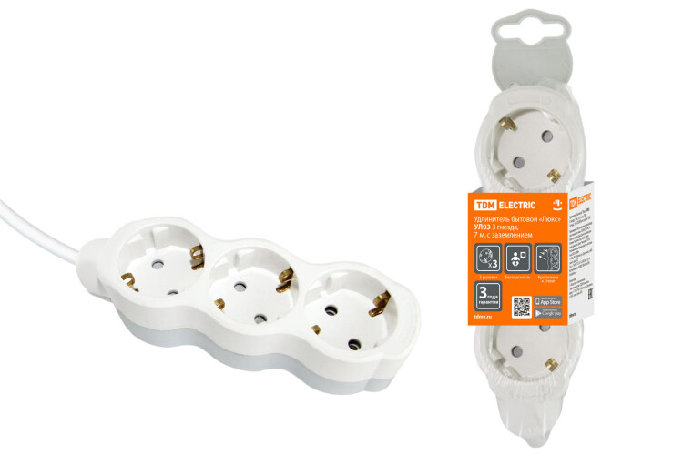 Удлинитель бытовой "Люкс" УЛ03 3 гнезда, 7м, с/з, с з/ш, ПВС 3х1мм2 16А/250В бело-серый | SQ1303-0281 | TDM