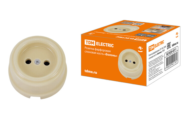 Розетка фарфоровая 2П 10А 250В сл. кость «Болонь» | SQ1820-0311 | TDM
