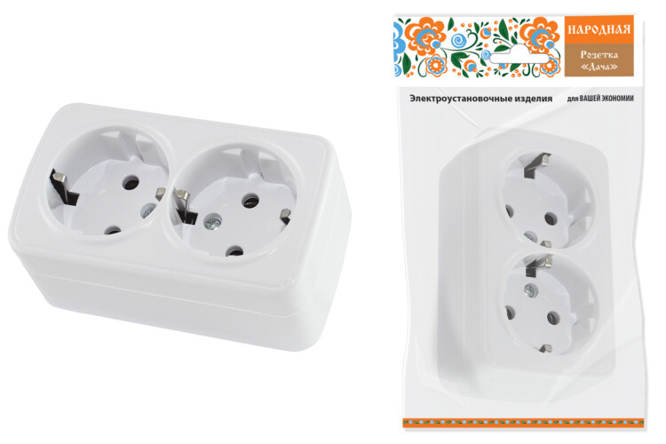 Розетка двойная 2П+3 открытой установки IP20 16А, белая "Дача" Народная | SQ1824-0010 | TDM