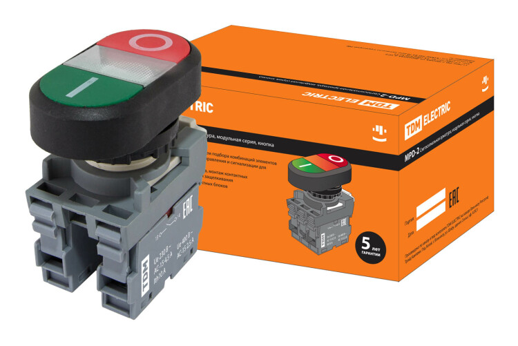 Кнопка двойная MPD2-11С (зеленая/красная) (LED) в сборе d22мм/220В (I/O) линза прозрачная | SQ0747-0049 | TDM