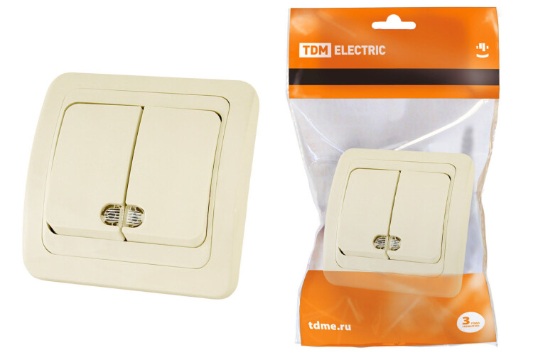 Выключатель 2-кл. с подсветкой 10А сл. кость "Валдай" | SQ1804-0106 | TDM