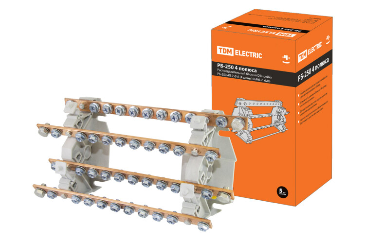 Распределительный блок на DIN-рейку РБ-250 4П 250А (4 шины 10xM6+1хM8) | SQ0823-0009 | TDM