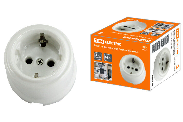 Розетка фарфоровая 2П+З 16А 250В белая «Болонь» | SQ1820-0007 | TDM