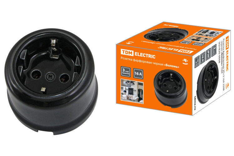 Розетка фарфоровая 2П+З 16А 250В черная «Болонь» | SQ1820-0008 | TDM
