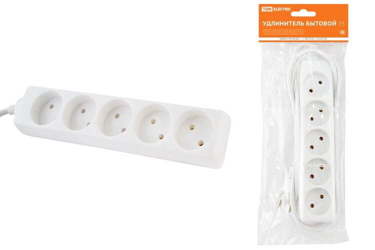 Удлинитель бытовой У5 5 гнезд, 5метров, без заземления, ПВС 2х0,75мм2 10А/250В | SQ1303-0222 | TDM