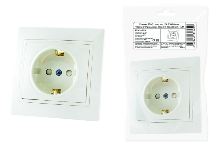 Розетка 2П+З с защ. шт. 16А 250В белая "Таймыр" (пром. упак., бакелит. основание) | SQ1814-0516 | TDM