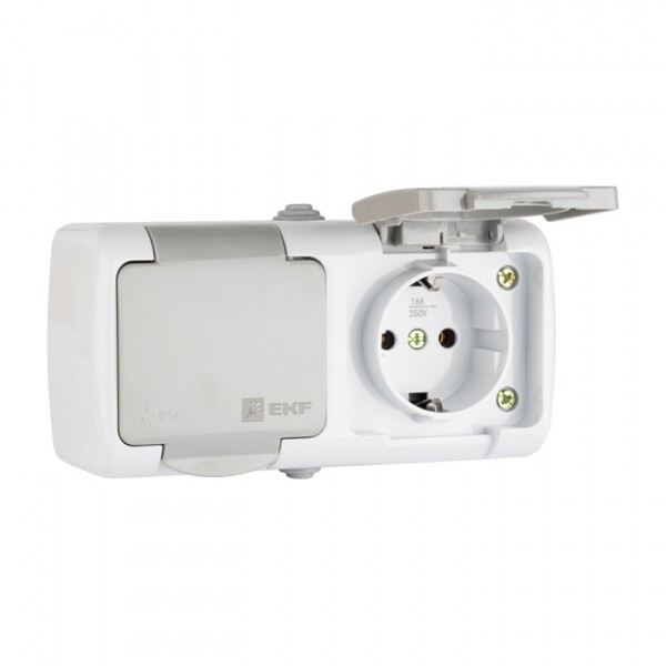 Мурманск Розетка 2-местная 16А с заземлением с крышкой IP54 серый с защитными шторками EKF | EFR16-129-30-54 | EKF