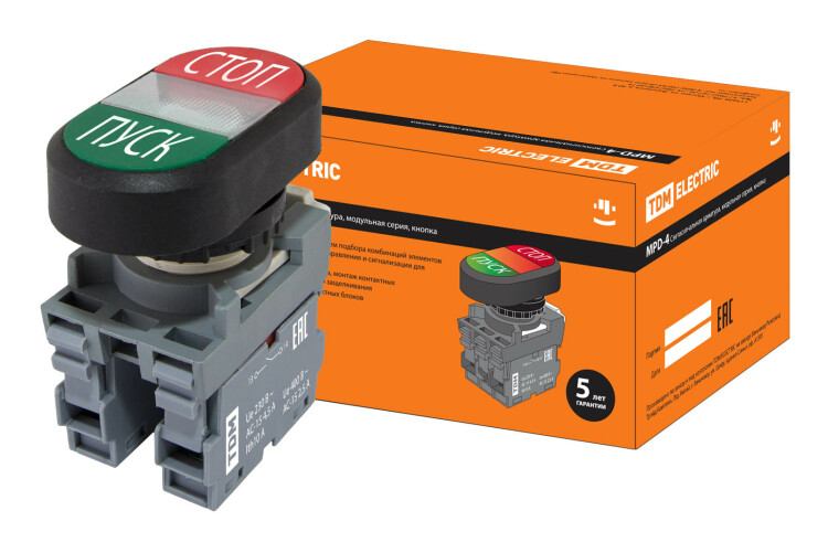 Кнопка двойная MPD4-11С (зеленая/красная)(LED) в сборе d22мм/220В (ПУСК/СТОП) линза прозрачная | SQ0747-0057 | TDM