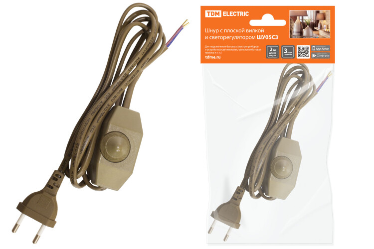 Шнур с плоской вилкой и светорегулятором ШУ05С3 (200Вт, RL) ШВВП 2х0,75мм2 2м. бронза | SQ1305-0053 | TDM