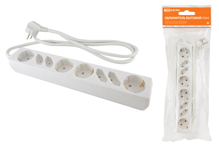 Удлинитель бытовой У044, 4 б/з+4 с/з, 5метров, ПВС 3х1,5мм2 16А/250В | SQ1303-0312 | TDM