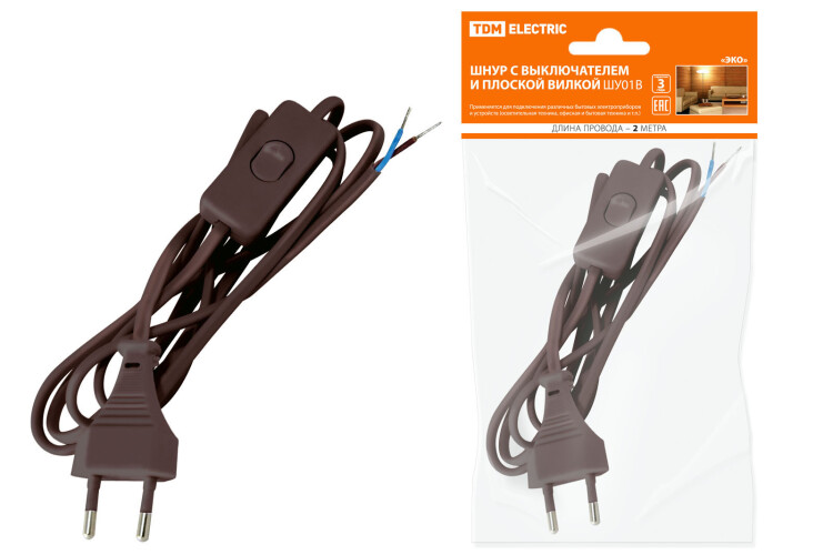 Шнур с выключателем и плоской вилкой ШУ01В ШВВП 2х0,75мм2 2м. коричневый "ЭКО" | SQ1305-0006 | TDM