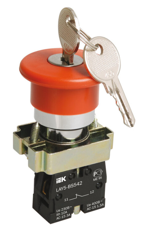 Кнопка LAY5-BS142 "Грибок"с ключом красная d22мм 240В 1р | BBG50-LAY5-K04 | IEK