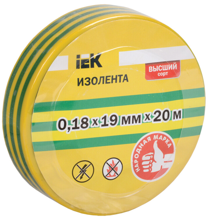 Изолента 0,18х19 мм желто-зеленая 20 метров (розничная упаковка) | UIZ-18-19-20MS-K52 | IEK
