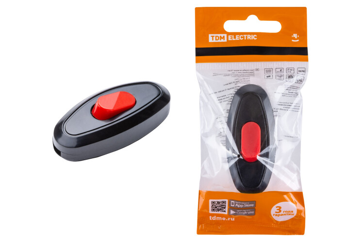 Выключатель на шнур 6А 250В черный с красной кнопкой | SQ1806-0222 | TDM