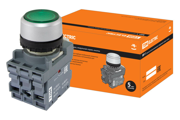 Кнопка MP1-21G(LED) в сборе d22мм/220В 1з+1р зеленая | SQ0747-0014 | TDM
