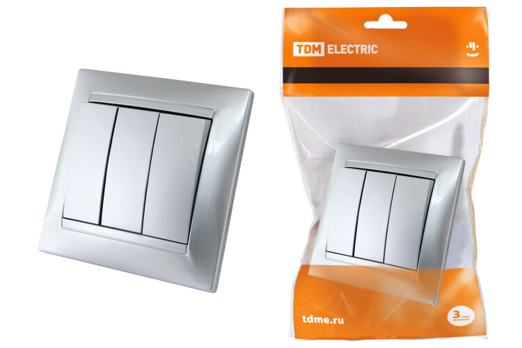 Выключатель 3-х кл. 10А серебр. металлик "Лама" | SQ1815-0203 | TDM