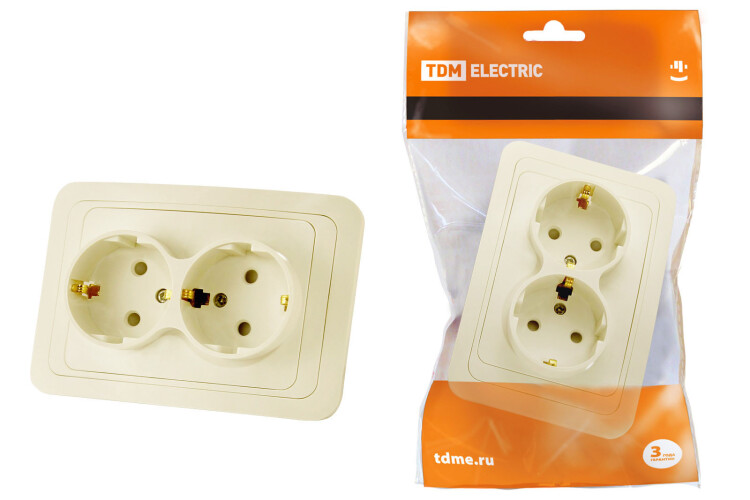 Розетка двойная 2П+З 16А c защитными шторками сл. кость "Валдай" | SQ1804-0126 | TDM