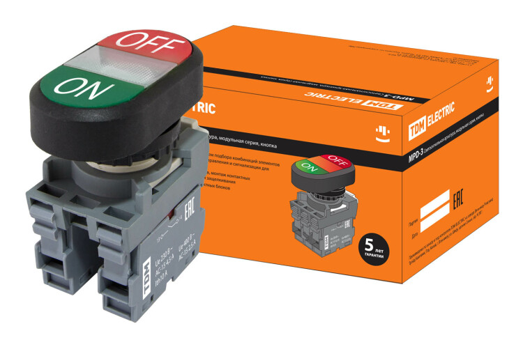 Кнопка двойная MPD3-11С (зеленая/красная) (LED) в сборе d22мм/220В (ON/OFF) линза прозрачная | SQ0747-0053 | TDM