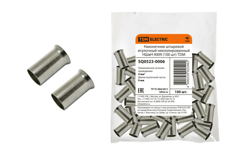 Наконечник штыревой втулочный неизолированный НШвН 4009 (100 шт) | SQ0523-0006 | TDM