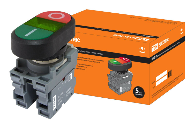 Кнопка двойная MPD2-11G (зеленая/красная) (LED) в сборе d22мм/24В (I/O) линза зеленая | SQ0747-0059 | TDM