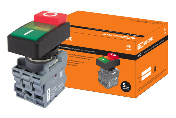 Кнопка двойная MPD13-11G (зеленая/красная-выступающая) (LED) d22мм/24В (I/O) линза зеленая | SQ0747-0040 | TDM