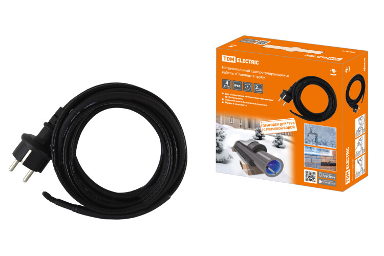 Нагревательный саморегулирующийся кабель "Стоплёд" НСК4-В с вилкой, в трубу (4м/40Вт) | SQ2510-0012 | TDM