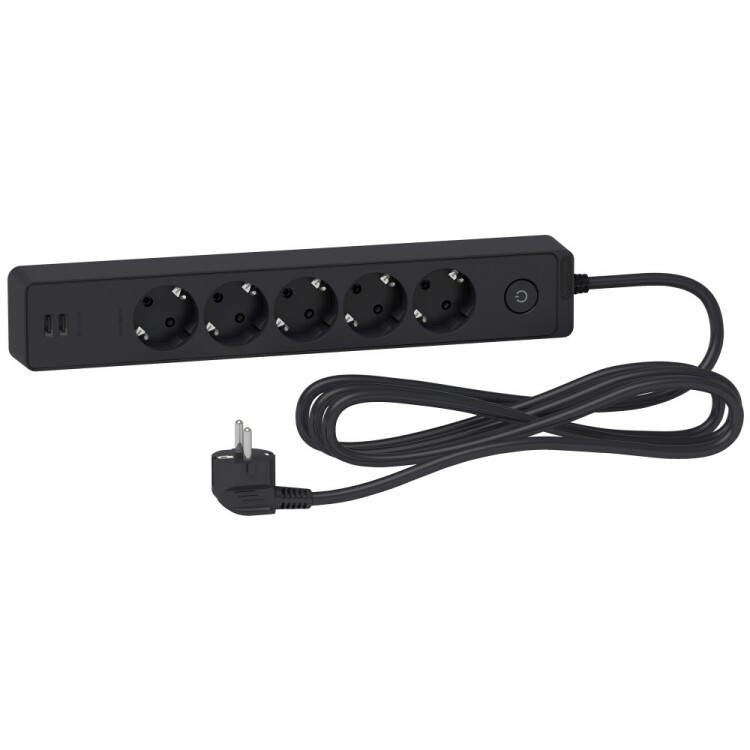 UNICA EXTEND удлинитель 5 розеток 2К+З, кабель 3м, 2 USB, ЧЁРНЫЙ | ST945U3B | Schneider Electric
