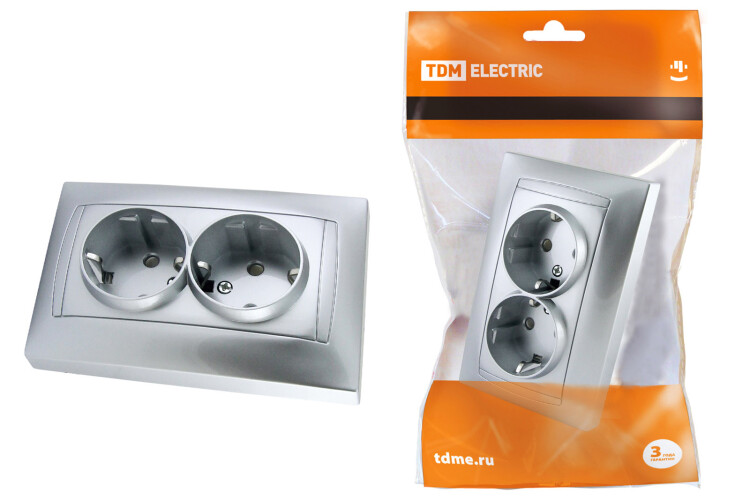 Розетка двойная 2П+З 16А 250В с защ. шт. серебр. металлик "Лама" | SQ1815-0213 | TDM