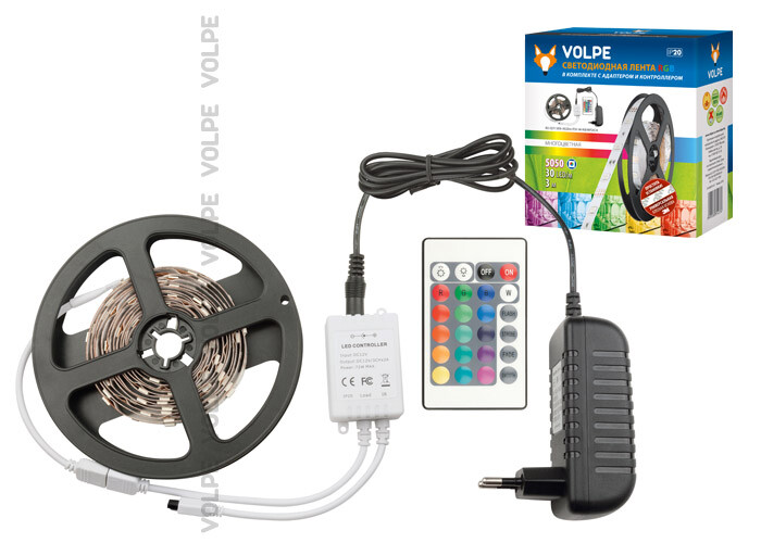 ULS-Q211 5050-30LED/m-IP20-3M-RGB RRP24C24 Комплект LED ленты 3м IP20 RGB Адаптер 24Вт Контроллер с пультом | 10775 | Volpe