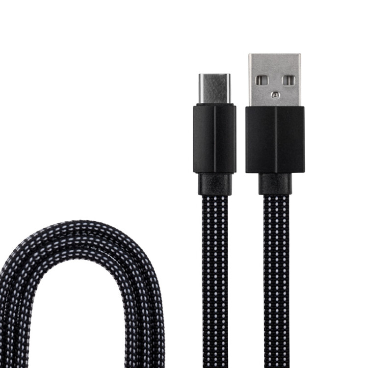 USB кабель USB Type-C, черный текстиль, 1 метр (плоский шнур) | 18-1872 | REXANT