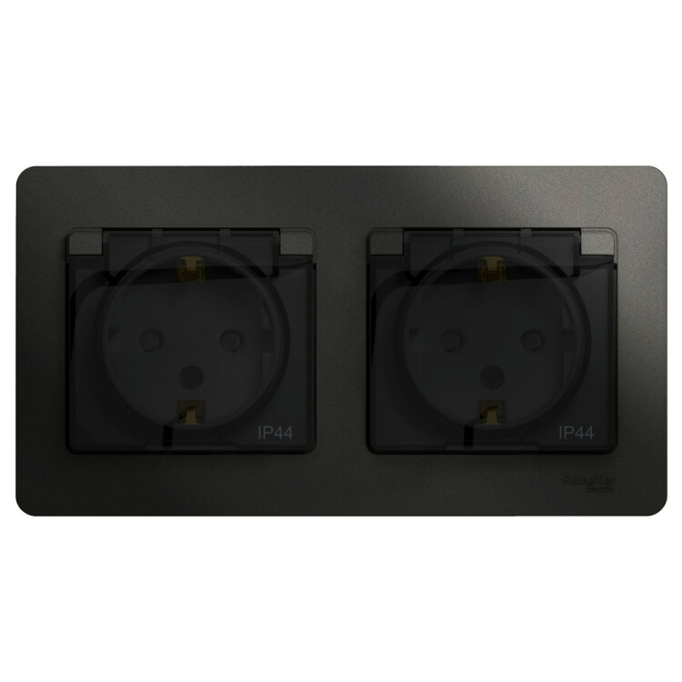 Glossa Антрацит Розетка 2-ая с з/к, со шторками (в сборе), IP44 | GSL000747 | Schneider Electric