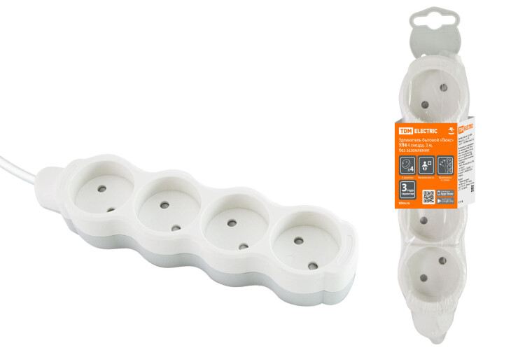 Удлинитель бытовой "Люкс" УЛ4 4 гнезда, 3м, б/з, с з/ш, ПВС 2х0,75 мм2 10А/250В бело-серый | SQ1303-0227 | TDM
