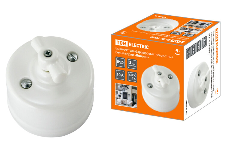 Выключатель фарфоровый поворотный с ручкой (бантик) 10А белый «Болонь» | SQ1820-0001 | TDM