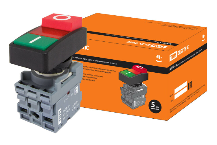 Кнопка двойная MPD13-11R (зеленая/красная-выступающая) (LED) d22мм/220В (I/O) линза красная | SQ0747-0035 | TDM