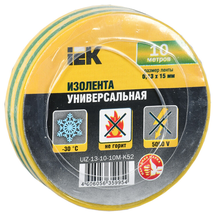 Изолента 0,13х15 мм желто-зеленая 10 метров | UIZ-13-10-10M-K52 | IEK