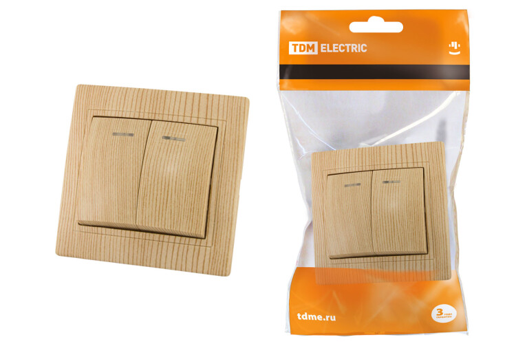 Выключатель 2 кл. с подсветкой 10А "ЭКО" (сосна) "Таймыр" | SQ1814-0205 | TDM
