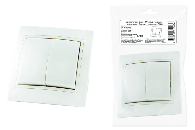 Выключатель 2 кл. 10А белый "Таймыр" (пром. упак,, бакелит. основание) | SQ1814-0502 | TDM