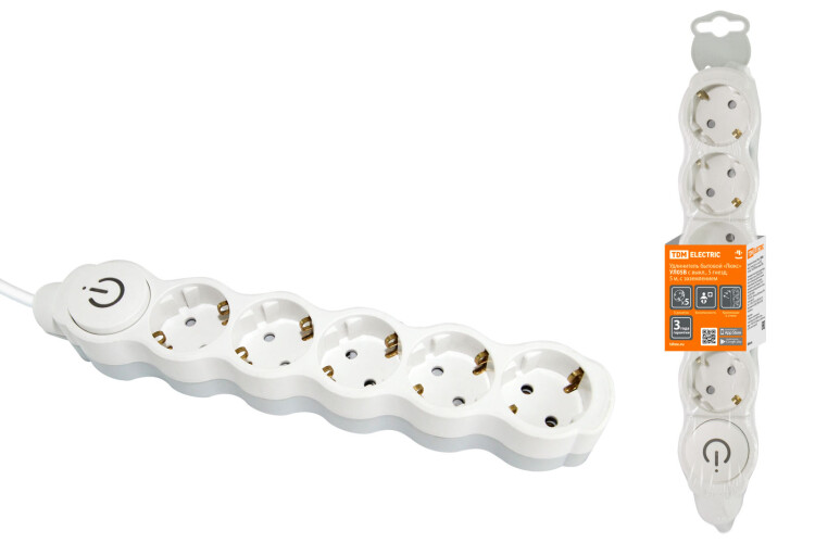 Удлинитель бытовой "Люкс" УЛ05В выкл, 5 гнезд, 5м, с/з, с з/ш, ПВС 3х1мм2 16А/250В бело-серый | SQ1303-0138 | TDM