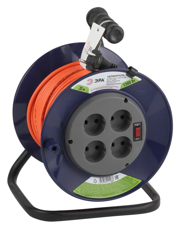 Удлинитель силовой ЭРА RPx-4s-2x0.75-30m на п. катушке б/з 4 гн 30м ПВС 2х0.75 | Б0043048 | ЭРА