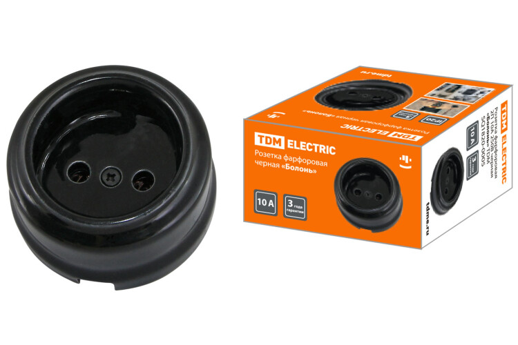 Розетка фарфоровая 2П 10А 250В черная «Болонь» | SQ1820-0005 | TDM